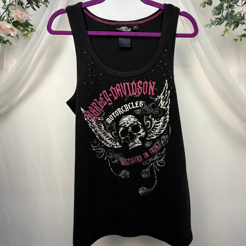 Harley-Davidson Womens Black Waffle Knit Skull Graphic Tank Top 2XL 96380-11VW
